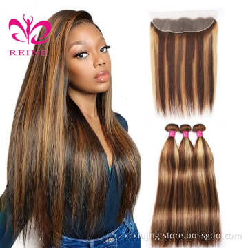 REINE Highlight Bundles With Closure Brazilian Body Wave Bundles With Closure Brown Remy Human Hair Bundles With Closure